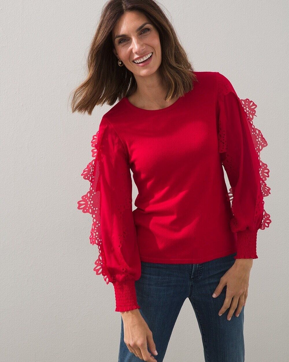 Chico's Laser Cut Applique Sleeve Red Sweater Chico's Size 2
